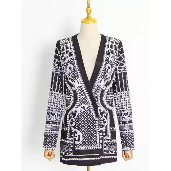 Original Creation Loose Long Sleeves Beads Printed V-Neck Blazer Outerwear