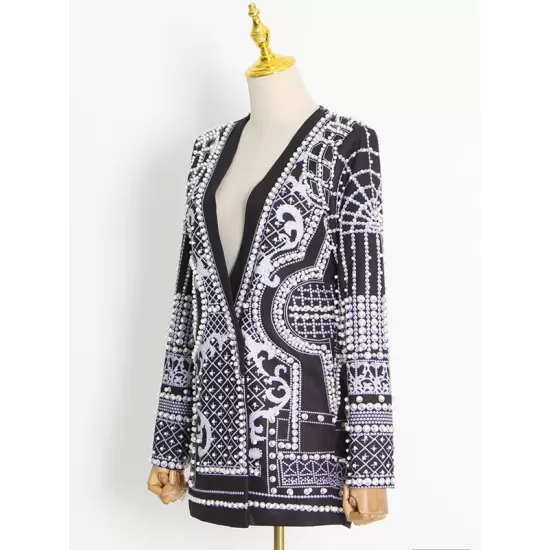 Original Creation Loose Long Sleeves Beads Printed V-Neck Blazer Outerwear