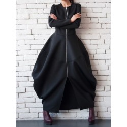 Split-Joint Zipper Round-Neck Maxi Dress Coat Bubble Dress