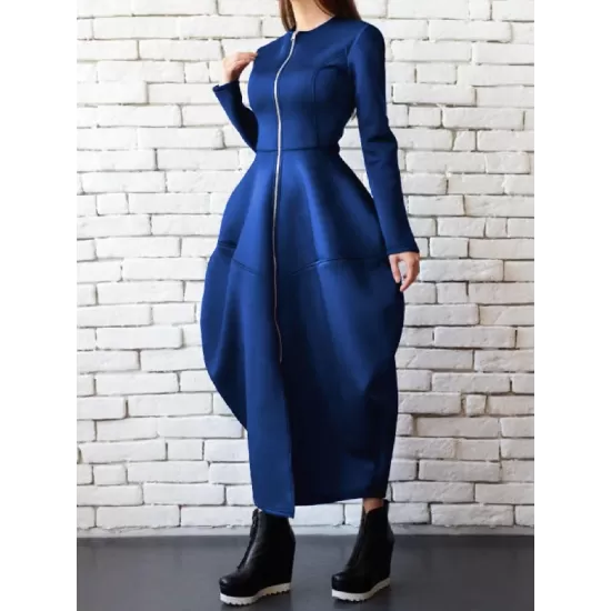 Split-Joint Zipper Round-Neck Maxi Dress Coat Bubble Dress