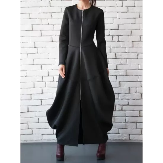 Split-Joint Zipper Round-Neck Maxi Dress Coat Bubble Dress