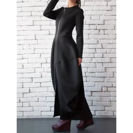 Split-Joint Zipper Round-Neck Maxi Dress Coat Bubble Dress