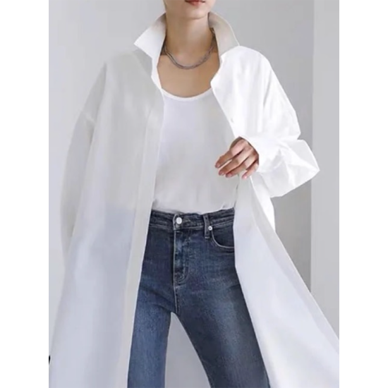 Long Sleeves Loose Buttoned Solid Color Split-Side Lapel Collar Shirt Outerwear