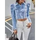 Fringed Pleated Split-Joint Long Sleeves Puff Sleeves Lapel Denim Jackets