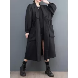 Drawstring Pockets Long Sleeves Loose Lapel Trench Coats