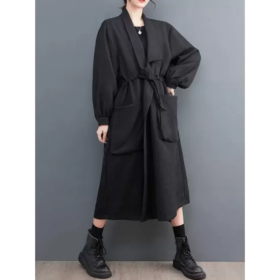 Drawstring Pockets Long Sleeves Loose Lapel Trench Coats