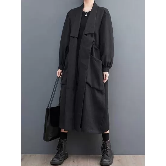 Drawstring Pockets Long Sleeves Loose Lapel Trench Coats