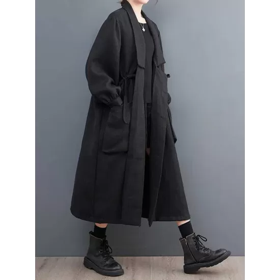 Drawstring Pockets Long Sleeves Loose Lapel Trench Coats