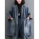 Buttoned Plaid Pockets Split-Joint Long Sleeves Loose V-Neck Denim Outerwear