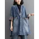 Buttoned Plaid Pockets Split-Joint Long Sleeves Loose V-Neck Denim Outerwear