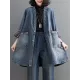 Buttoned Plaid Pockets Split-Joint Long Sleeves Loose V-Neck Denim Outerwear