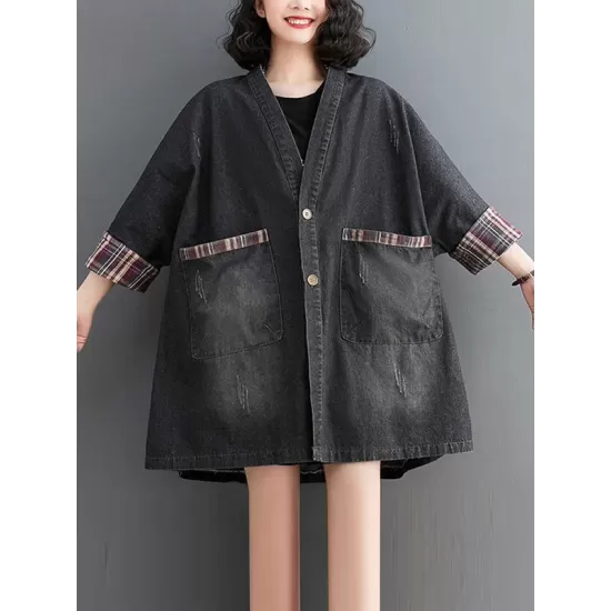 Buttoned Plaid Pockets Split-Joint Long Sleeves Loose V-Neck Denim Outerwear