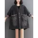 Buttoned Plaid Pockets Split-Joint Long Sleeves Loose V-Neck Denim Outerwear