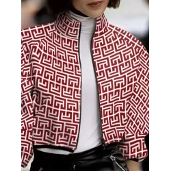 Loose Puff Sleeves Printed Stand Collar Outerwear