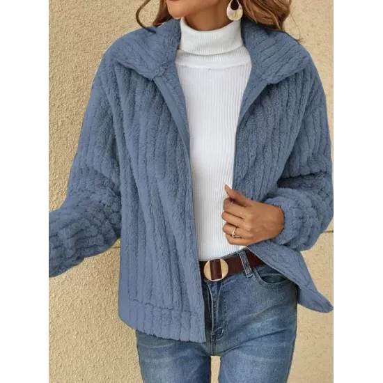 Solid Color Velvet Zipper Long Sleeves Plus Size Lapel Outerwear