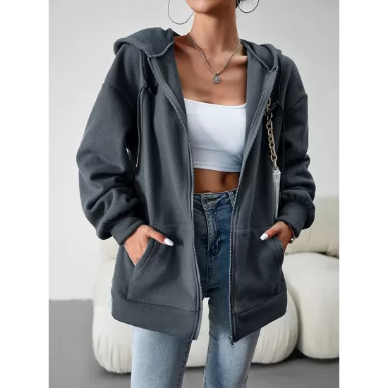 Drawstring Zipper Long Sleeves Loose Hooded Outerwear Jackets