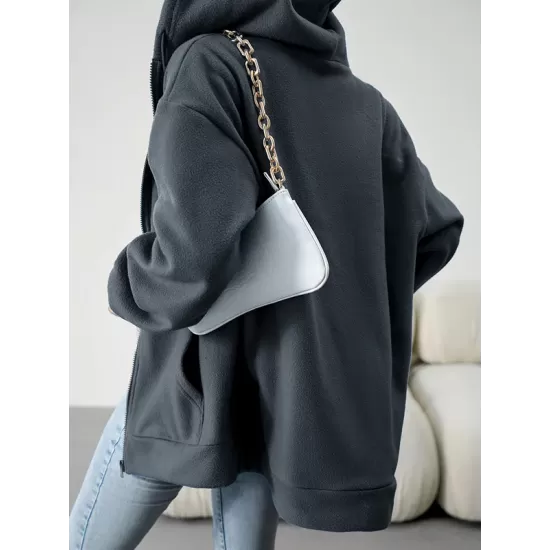 Drawstring Zipper Long Sleeves Loose Hooded Outerwear Jackets