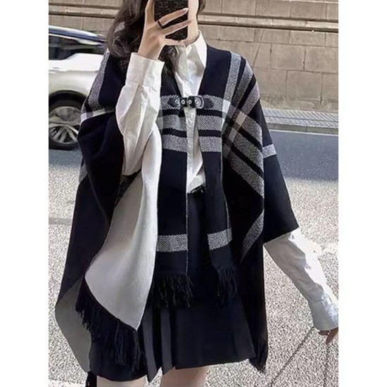 Contrast Color Plaid Split-Joint Long Sleeves Loose V-Neck Cape