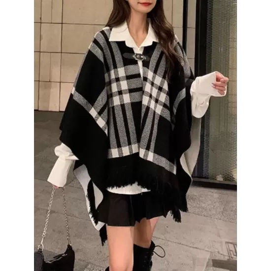 Contrast Color Plaid Split-Joint Long Sleeves Loose V-Neck Cape