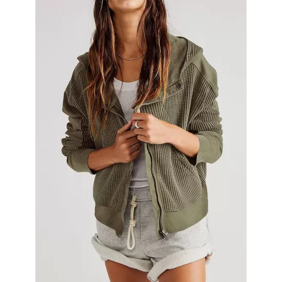 Zipper Long Sleeves Loose Hooded Outerwear Jackets