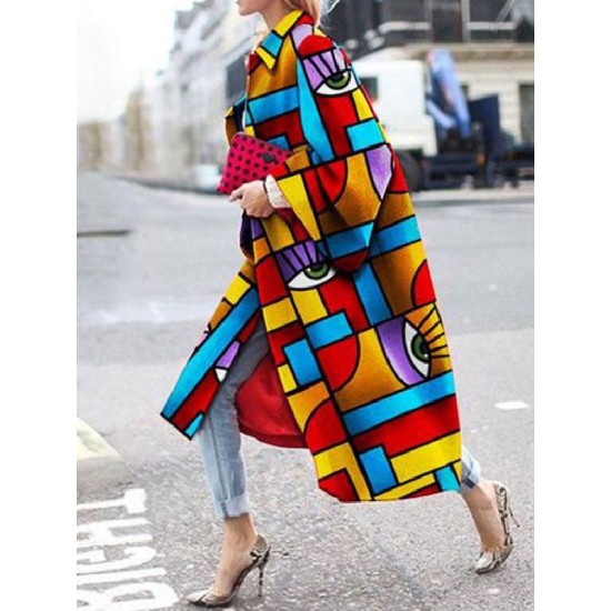 Long Sleeves Figure Printed Lapel Woolen Coat