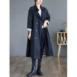 Buttoned Pockets Long Sleeves Loose Notched Collar Trench Coats