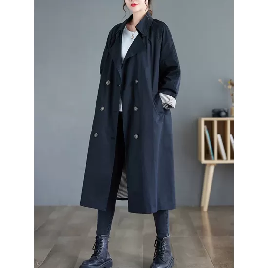 Buttoned Pockets Long Sleeves Loose Notched Collar Trench Coats