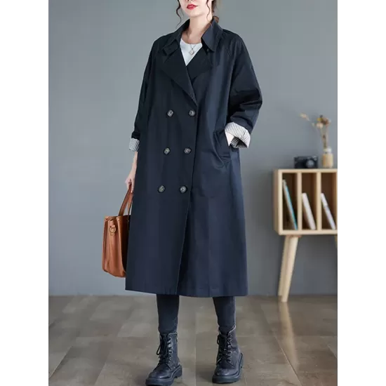 Buttoned Pockets Long Sleeves Loose Notched Collar Trench Coats