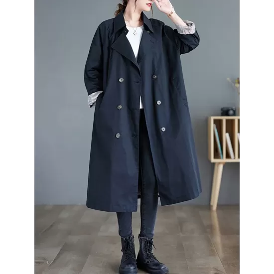 Buttoned Pockets Long Sleeves Loose Notched Collar Trench Coats