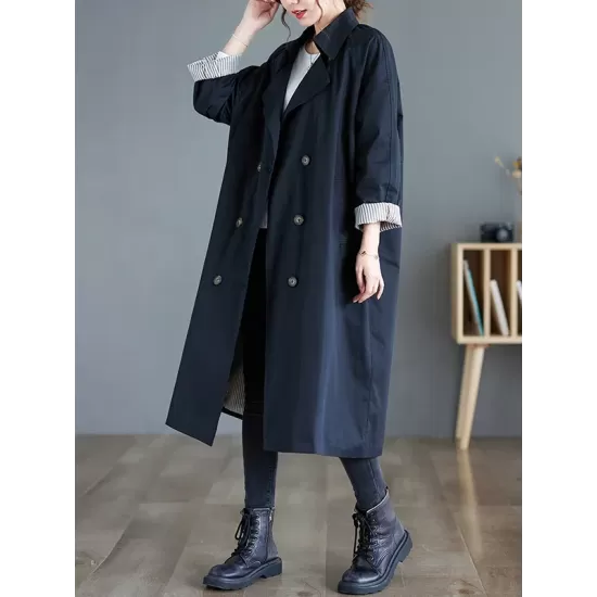 Buttoned Pockets Long Sleeves Loose Notched Collar Trench Coats