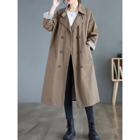 Buttoned Pockets Long Sleeves Loose Notched Collar Trench Coats