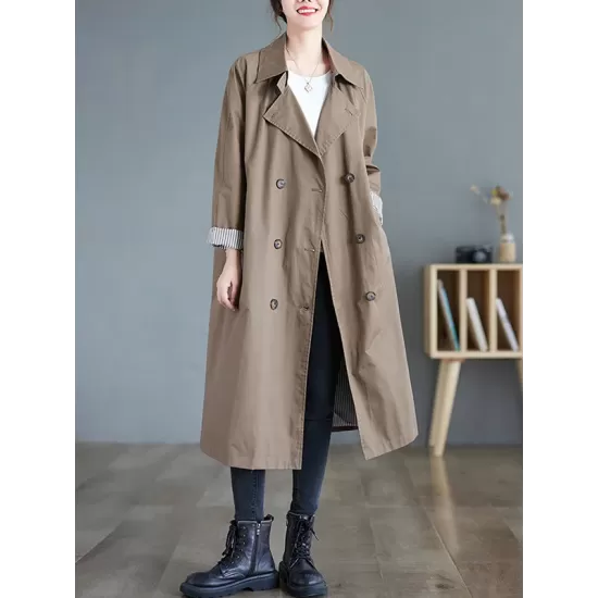 Buttoned Pockets Long Sleeves Loose Notched Collar Trench Coats