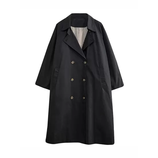 Buttoned Pockets Long Sleeves Loose Notched Collar Trench Coats