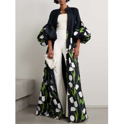 Long Sleeves Loose Floral Floral Printed Pleated Split-Joint Stand Collar Trench Coats