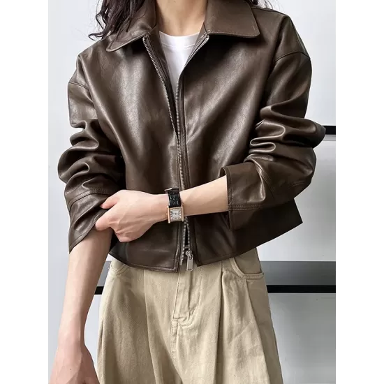 Solid Color Zipper Long Sleeves Loose Lapel Collar Outerwear Jackets&Coats