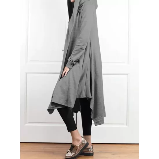 Irregular Clipping Long Sleeves Solid Color Hooded Outerwear