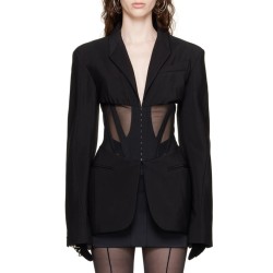 Buckle Gauze See-Through Solid Color Split-Joint Long Sleeves Notched Collar Blazer