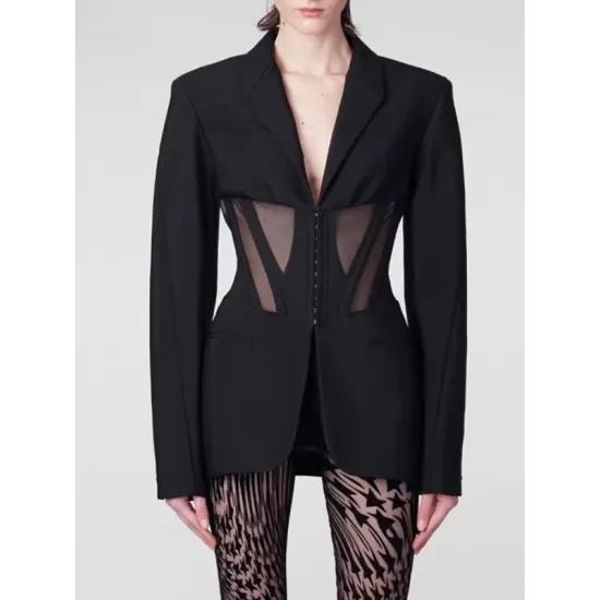 Buckle Gauze See-Through Solid Color Split-Joint Long Sleeves Notched Collar Blazer