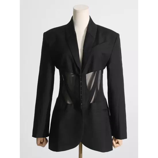 Buckle Gauze See-Through Solid Color Split-Joint Long Sleeves Notched Collar Blazer