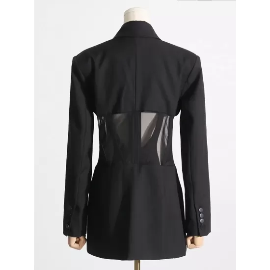 Buckle Gauze See-Through Solid Color Split-Joint Long Sleeves Notched Collar Blazer