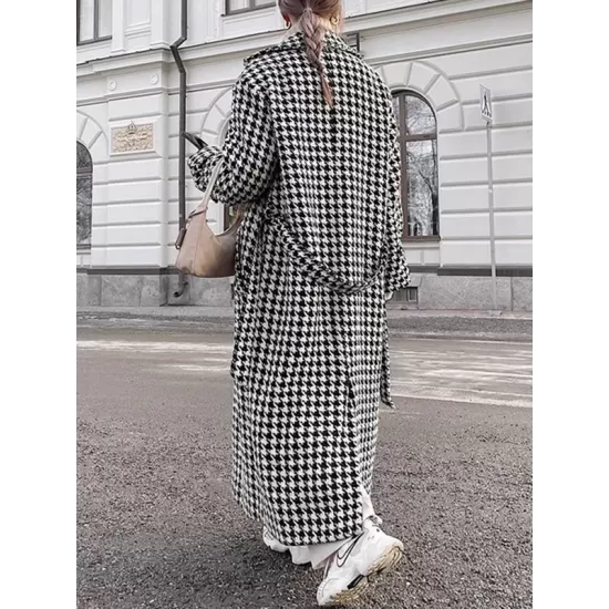 Houndstooth Split-back Split-Joint Tied Waist Long Sleeves Loose Lapel Trench Coats