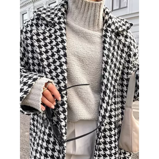 Houndstooth Split-back Split-Joint Tied Waist Long Sleeves Loose Lapel Trench Coats