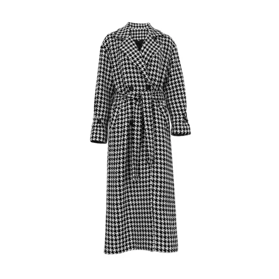 Houndstooth Split-back Split-Joint Tied Waist Long Sleeves Loose Lapel Trench Coats