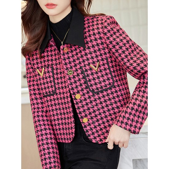 Buttoned Houndstooth Pockets Split-Joint Long Sleeves Plus Size Lapel Outerwear