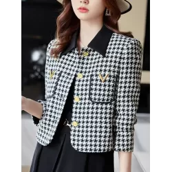 Buttoned Houndstooth Pockets Split-Joint Long Sleeves Plus Size Lapel Outerwear