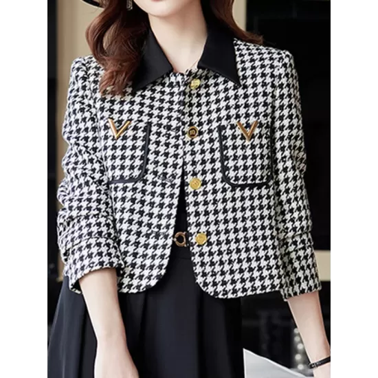 Buttoned Houndstooth Pockets Split-Joint Long Sleeves Plus Size Lapel Outerwear