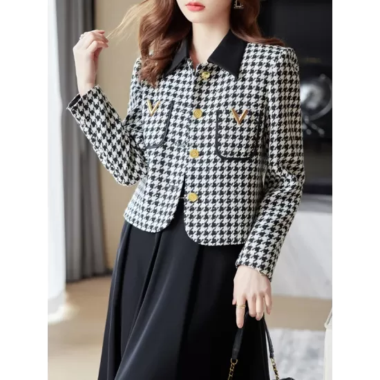 Buttoned Houndstooth Pockets Split-Joint Long Sleeves Plus Size Lapel Outerwear