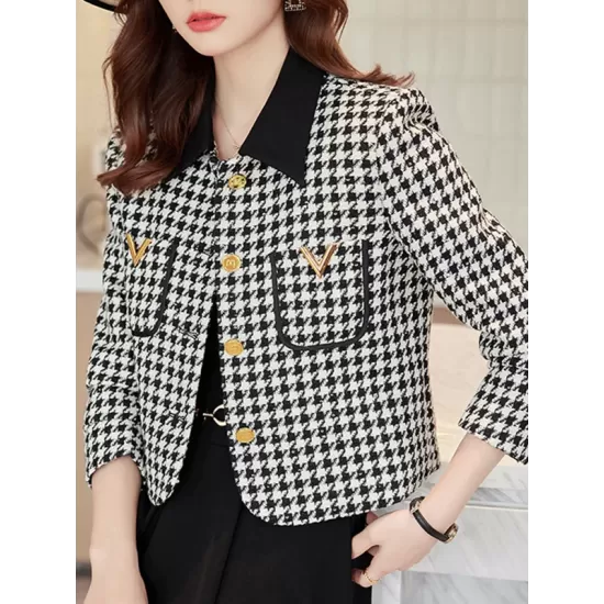 Buttoned Houndstooth Pockets Split-Joint Long Sleeves Plus Size Lapel Outerwear