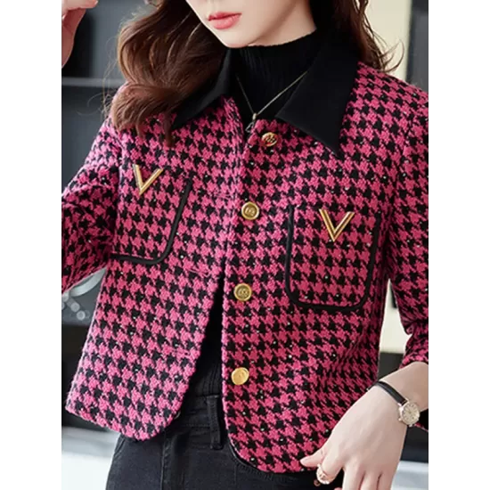 Buttoned Houndstooth Pockets Split-Joint Long Sleeves Plus Size Lapel Outerwear