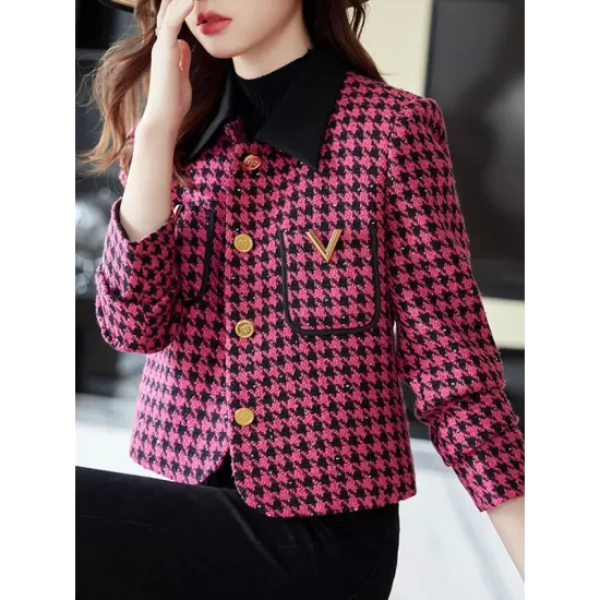 Buttoned Houndstooth Pockets Split-Joint Long Sleeves Plus Size Lapel Outerwear